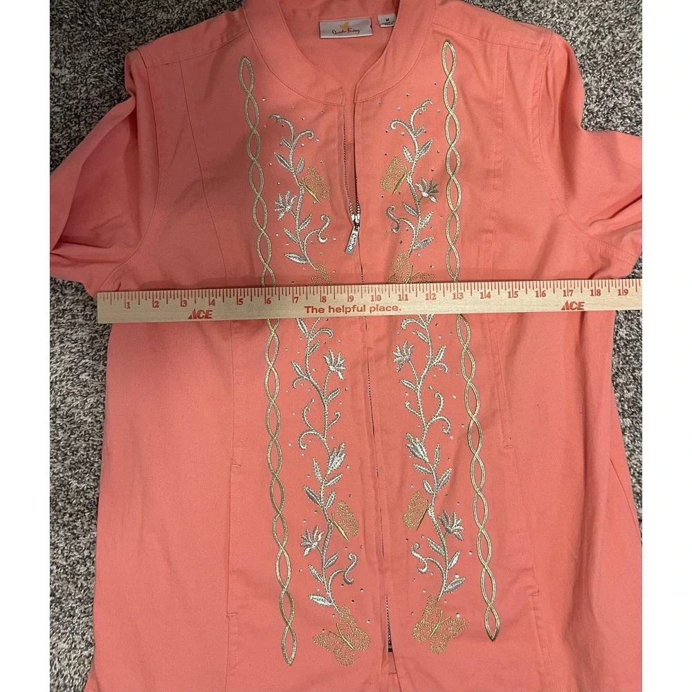 Quacker Factory Jacket Womens Medium Pink Embroidered Butterfly Floral Full Zip‎